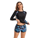 Women's Long Sleeve Blue Geometric Two Piece Boxer Swimsuit