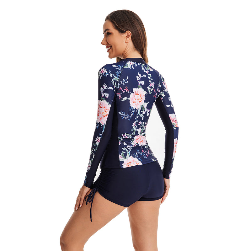 Women's Long Sleeve Blue and Pink Two Piece Boxer Swimsuit