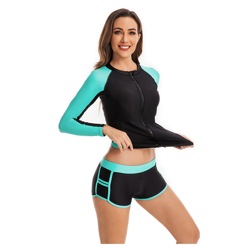 Women's Long Sleeve Teal Two Piece Boxer Swimsuit