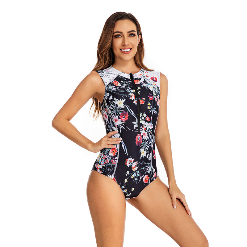 Women's Sleeveless Black and White Floral Swimsuit