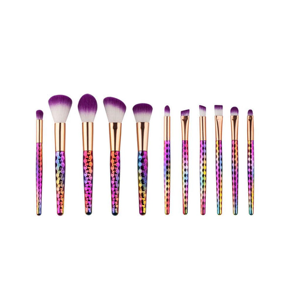 11 Piece Makeup Brushes Set | Purple Tip Brushes, Rainbow Colour Handles Iconix 