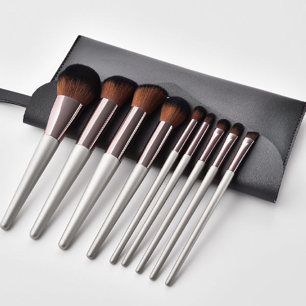9 Piece Silver Makeup Brush Set with Pouch Makeup Brush Sets Iconix 