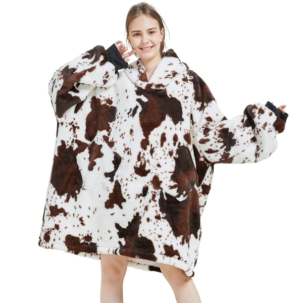Adults Cow-Print Oversized Plush Blanket Hoodie Adult Blanket Hoodies Iconix 