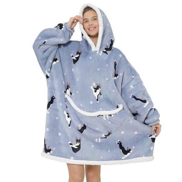 Adults Grey Boston Terrier Oversized Plush Blanket Hoodie Adult Blanket Hoodies Iconix 