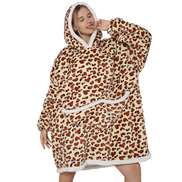 Adults Leopard Print Oversized Plush Blanket Hoodie Adult Blanket Hoodies Iconix 