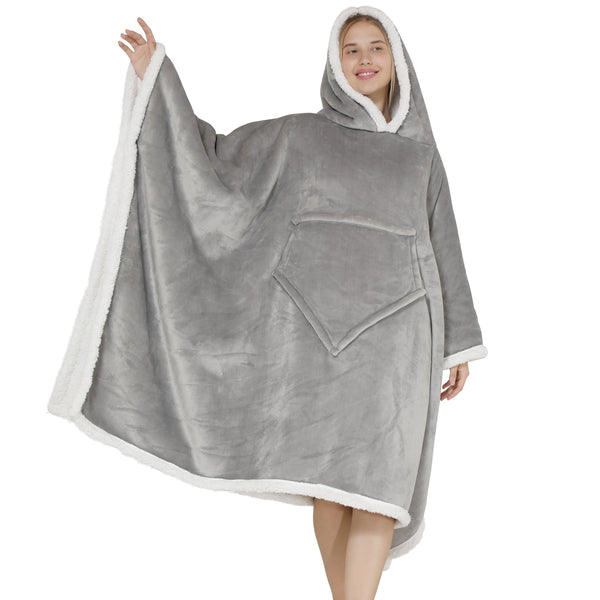 Adults Light Grey 2 in 1 Hooded Poncho Blanket Adult Blanket Hoodies Iconix 