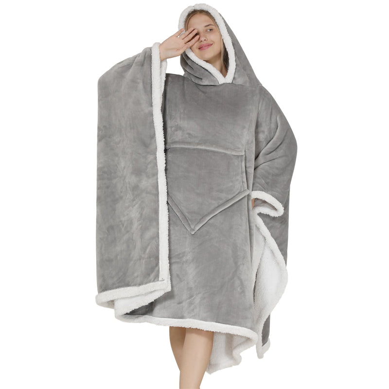 Adults Light Grey 2 in 1 Hooded Poncho Blanket Adult Blanket Hoodies Iconix 