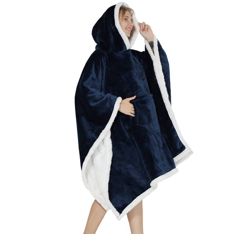 Adults Midnight Blue 2 in 1 Hooded Poncho Blanket Adult Blanket Hoodies Iconix 