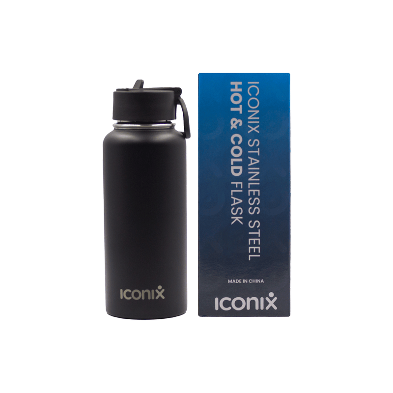 Iconix Black Stainless Steel Hot and Cold Flask - Straw Lid Bottles and Flasks Iconix 