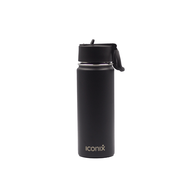 Iconix Black Stainless Steel Hot and Cold Flask - Straw Lid Stainless Steel Flasks Iconix 
