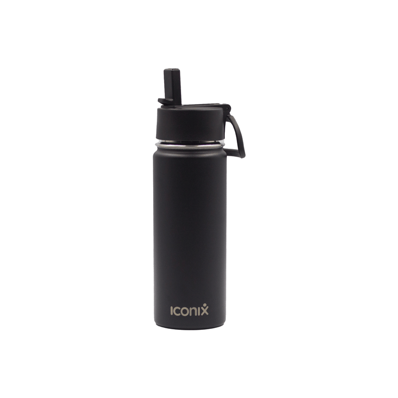 Iconix Black Stainless Steel Hot and Cold Flask - Straw Lid Stainless Steel Flasks Iconix 540ml 