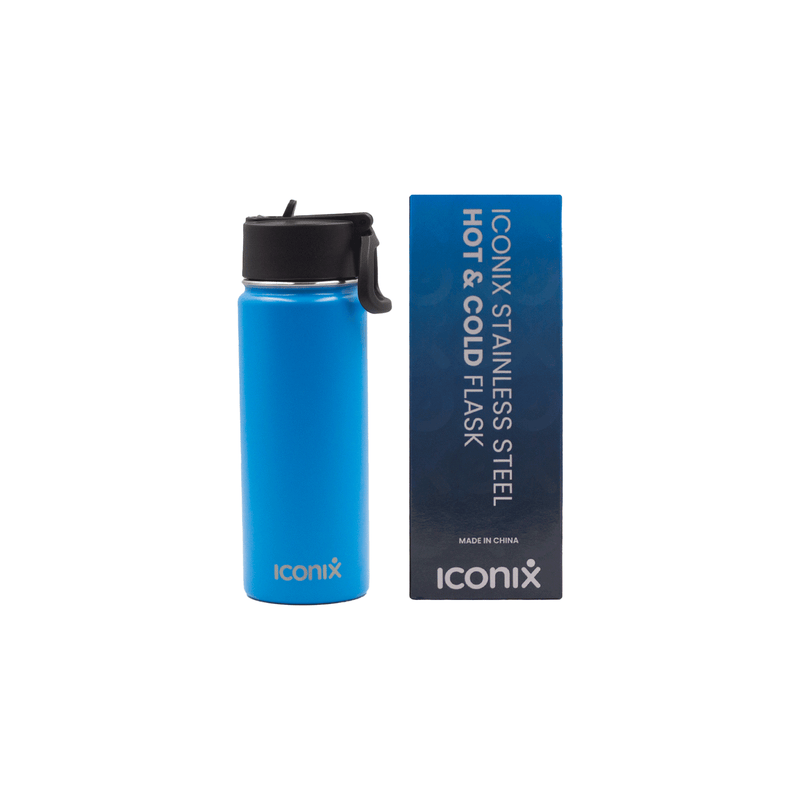 Iconix Blue Stainless Steel Hot and Cold Flask - Straw Lid Stainless Steel Flasks Iconix 
