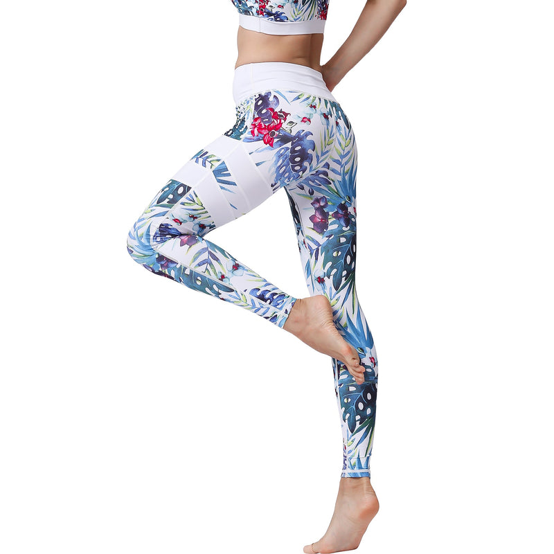 Iconix Ladies Blue and White Tropical Yoga Leggings Leggings Iconix 