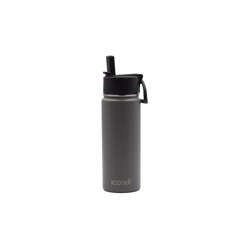 Iconix Metallic Grey Stainless Steel Hot and Cold Flask - Straw Lid Stainless Steel Flasks Iconix 540ml 