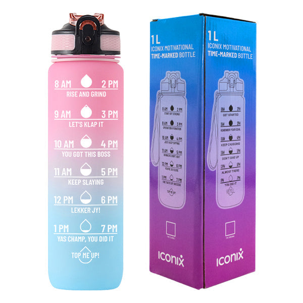Iconix South African Motivational Time Marker Water Bottle – Pink and Blue running accessories Iconix 