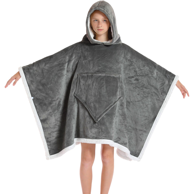 Kids 2 in 1 Dark Grey Hooded Poncho Blanket Kids Blanket Hoodies Iconix 