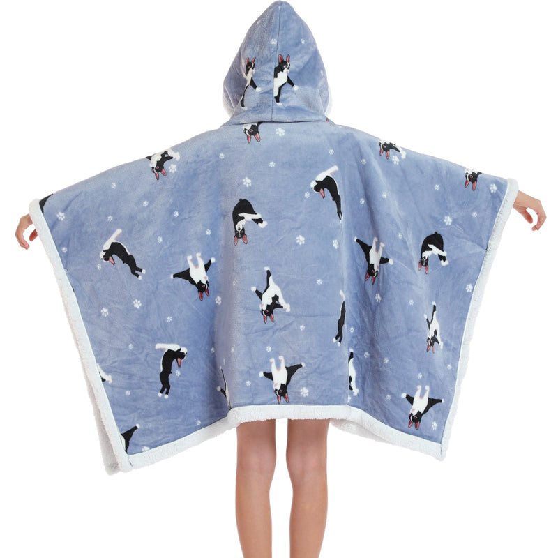 Kids 2 in 1 Grey Boston Terrier Hooded Poncho Blanket Kids Blanket Hoodies Iconix 