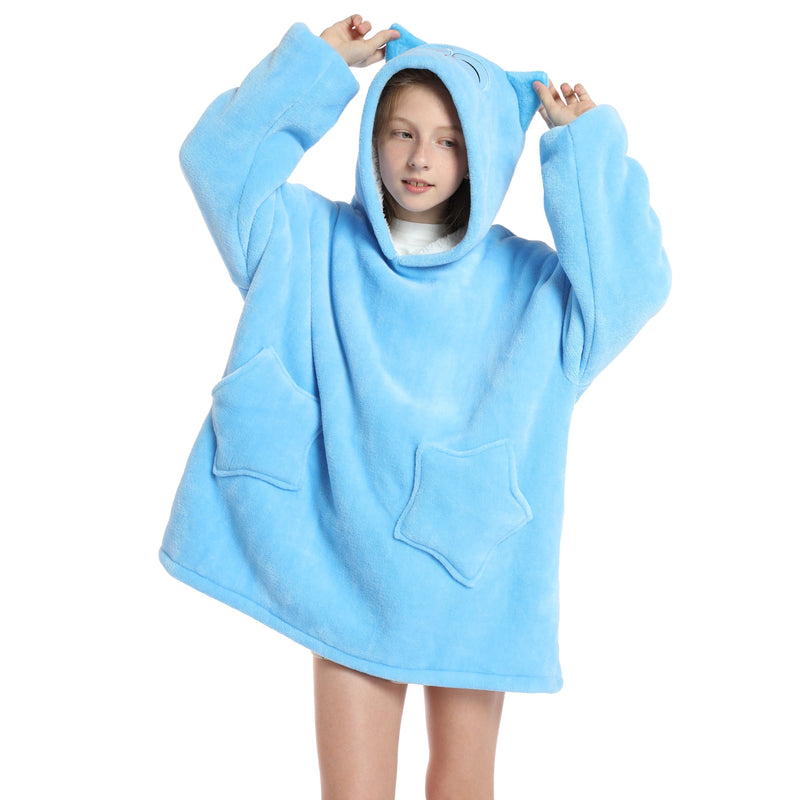 Kids Blue Owl Oversized Plush Blanket Hoodie Kids Blanket Hoodies Iconix 