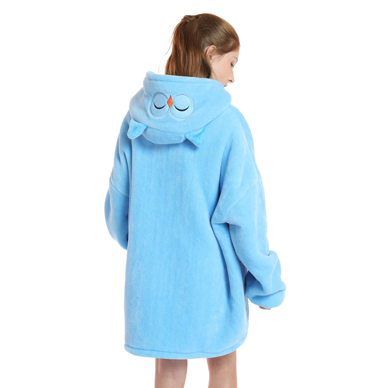 Kids Blue Owl Oversized Plush Blanket Hoodie Kids Blanket Hoodies Iconix 