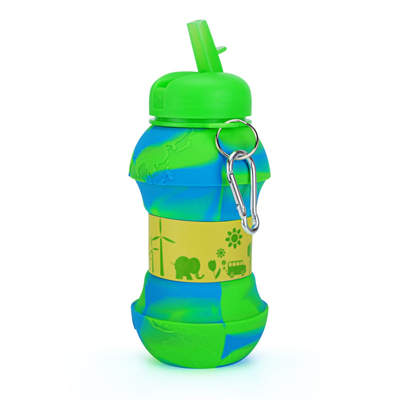 Kids Collapsible Silicone Water Bottle - Global Blue and Green Iconix 