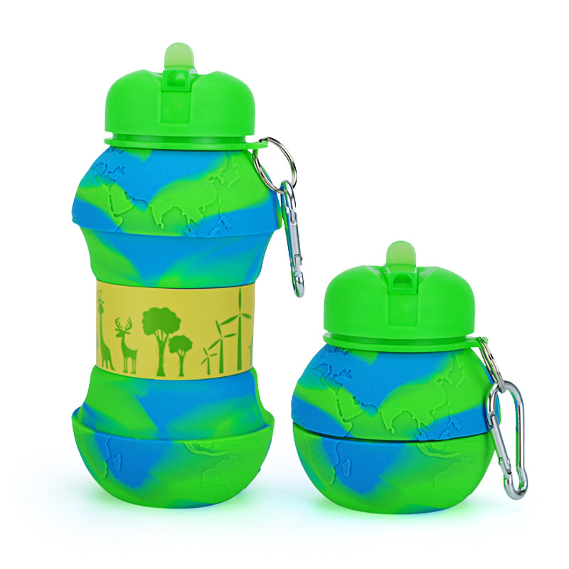 Kids Collapsible Silicone Water Bottle - Global Blue and Green Iconix 
