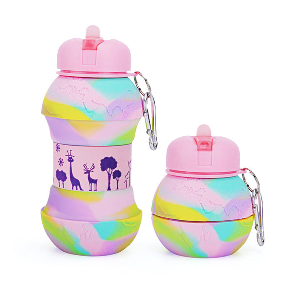 Kids Collapsible Silicone Water Bottle - Global Pink and Green Iconix 