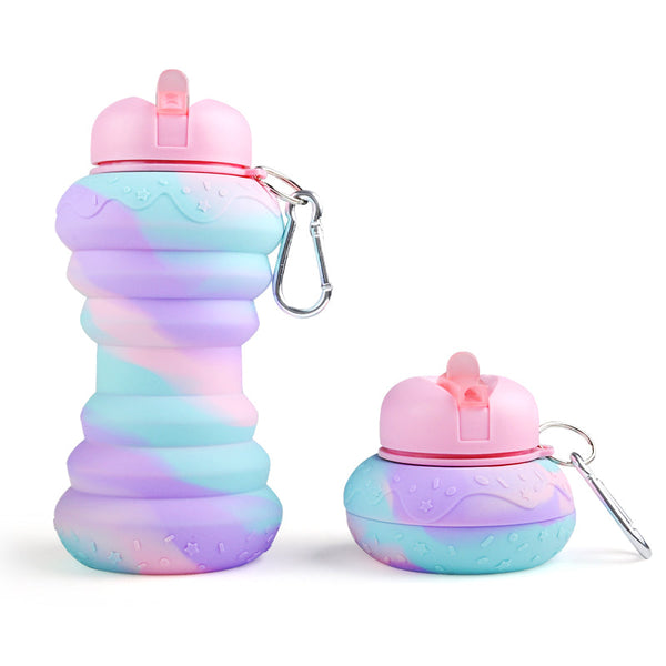 Kids Collapsible Silicone Water Bottle - Purple and Blue Doughnut Iconix 