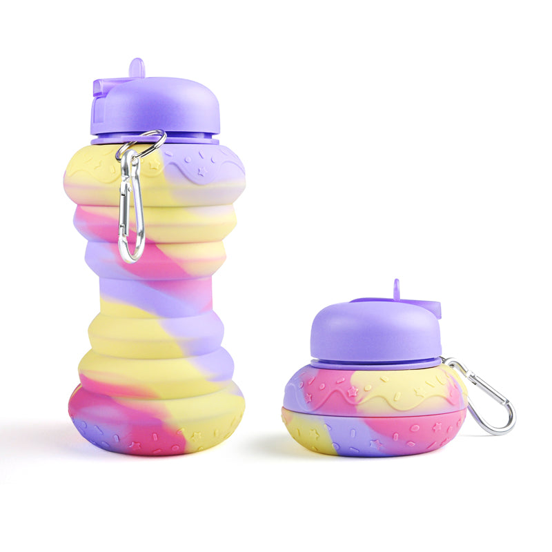 Kids Collapsible Silicone Water Bottle - Purple and Yellow Doughnut Iconix 