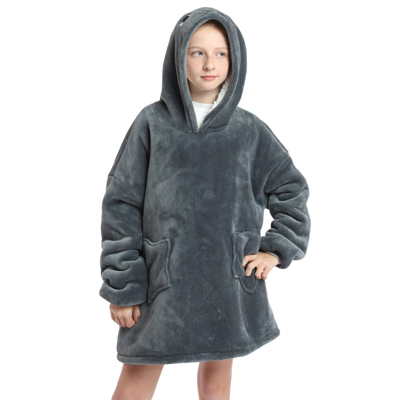 Kids Dark Grey Dog Oversized Plush Blanket Hoodie Kids Blanket Hoodies Iconix 