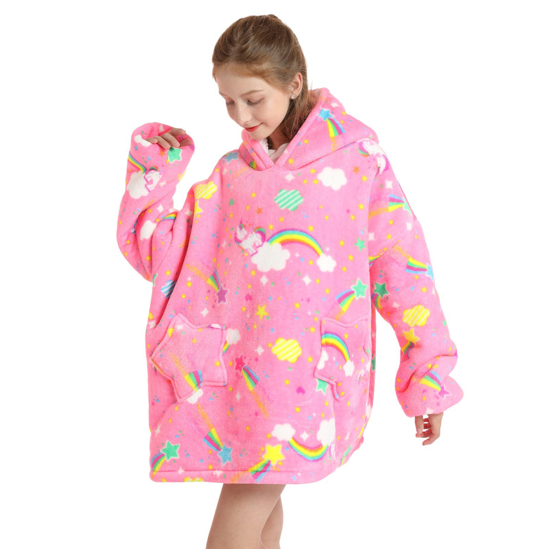 Kids Pink Sky Unicorn Oversized Plush Blanket Hoodie Kids Blanket Hoodies Iconix 