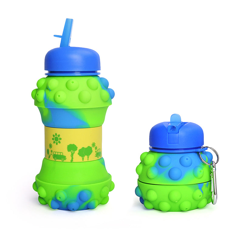 Kids Pop It Collapsible Silicone Water Bottle - Green and Blue Iconix 