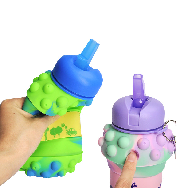 Kids Pop It Collapsible Silicone Water Bottle - Green and Purple Iconix 