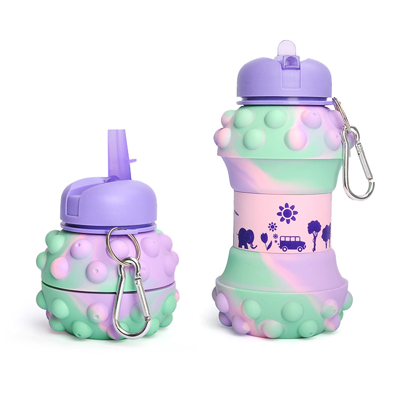 Kids Pop It Collapsible Silicone Water Bottle - Green and Purple Iconix 