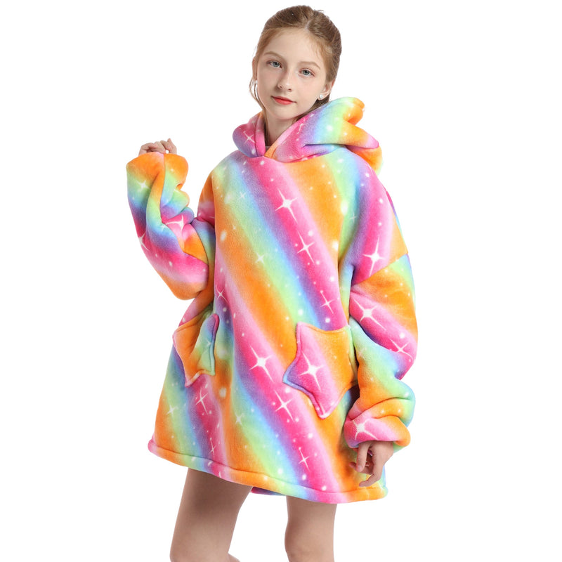 Kids Rainbow Unicorn Oversized Plush Blanket Hoodie Kids Blanket Hoodies Iconix 