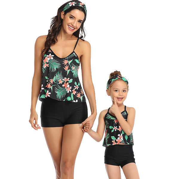 Matching Mom or Daughter Black Tropical Print Boyleg Two-Piece Swimwear matching bikinis Iconix 