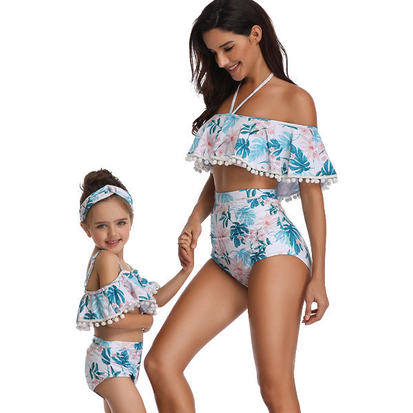 Matching Mom or Daughter Blue Fern Print Off Shoulder Two-Piece Bikini matching bikinis Iconix 