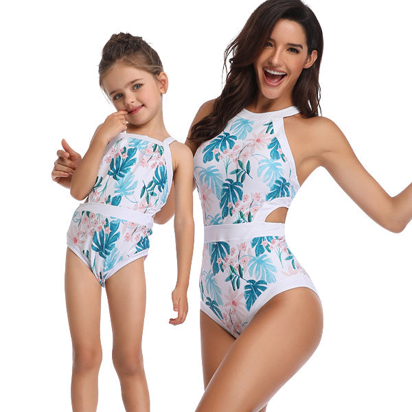 Matching Mom or Daughter Blue Leaf Print One-Piece Swimwear matching bikinis Iconix 