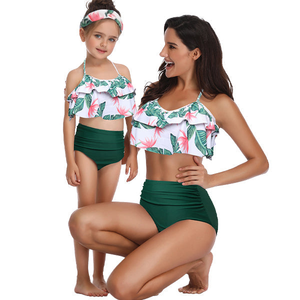 Matching Mom or Daughter Green Floral Print Two-Piece Bikini matching bikinis Iconix 