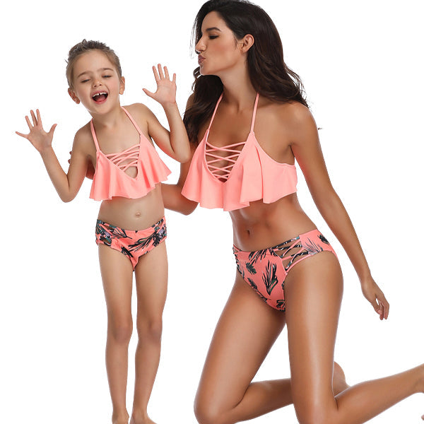 Matching Mom or Daughter Peach Floral Sexy Print Two-Piece Bikini matching bikinis Iconix 