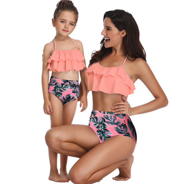 Matching Mom or Daughter Peach Leafy Print Two-Piece Bikini matching bikinis Iconix 