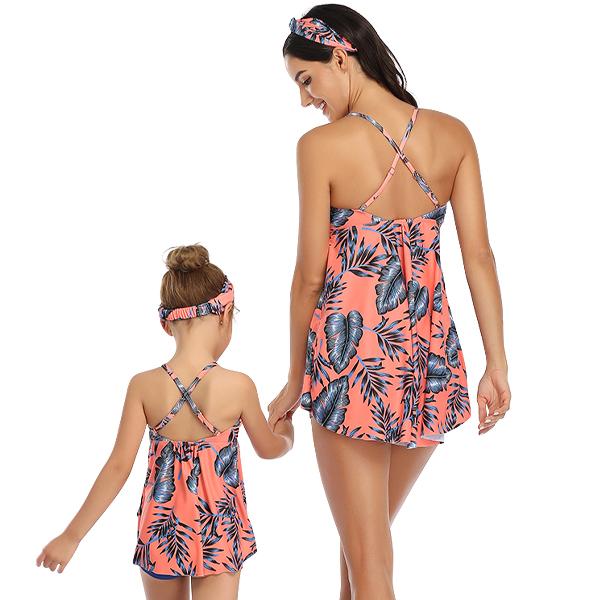 Matching Mom or Daughter Peach Tropical Print Boyleg Two-Piece Swimwear Matching Bikini Iconix 