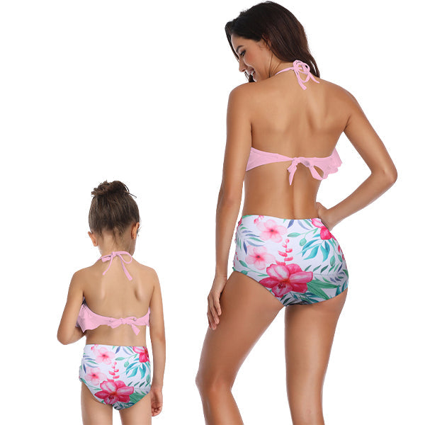 Matching Mom or Daughter Pink Botanical Print Two-Piece Bikini matching bikinis Iconix 