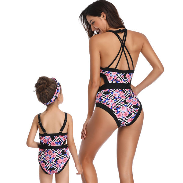 Matching Mom or Daughter Pink Floral Print One-Piece Swimwear matching bikinis Iconix 