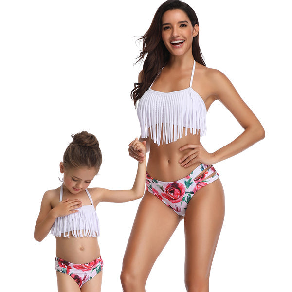 Matching Mom or Daughter White Rose Print Two-Piece Bikini matching bikinis Iconix 