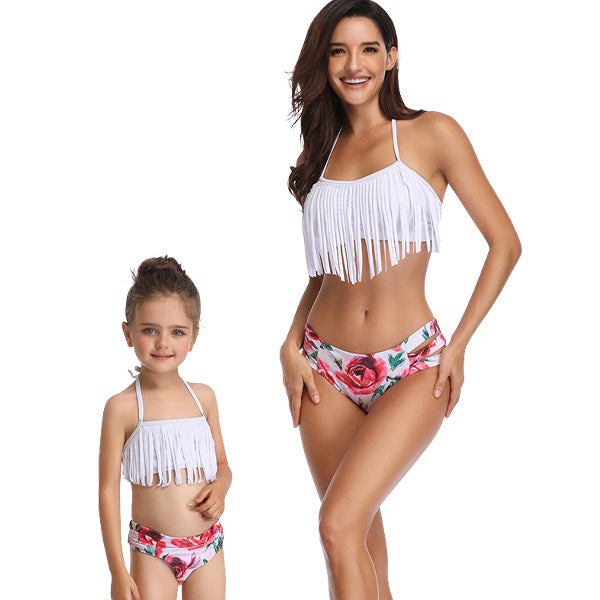 Matching Mom or Daughter White Rose Print Two-Piece Bikini matching bikinis Iconix 