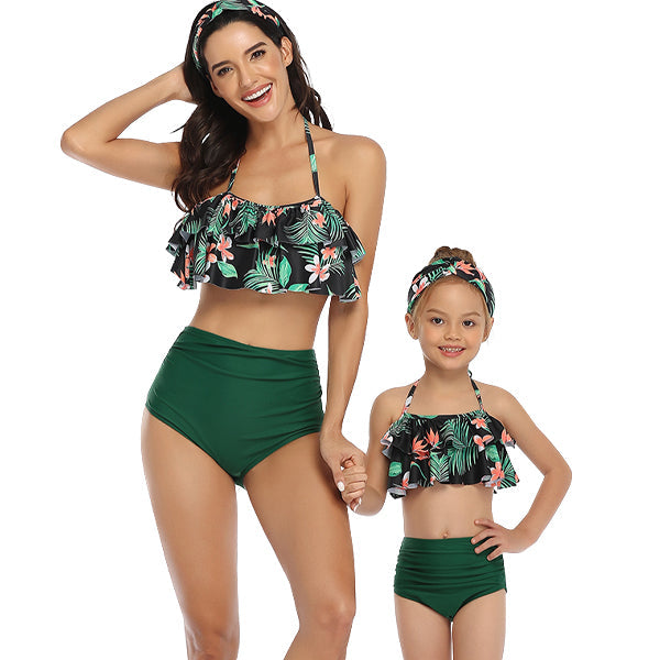 Mom or Daughter Matching Black Tropical Frill Two-Piece Bikini matching bikinis Iconix 