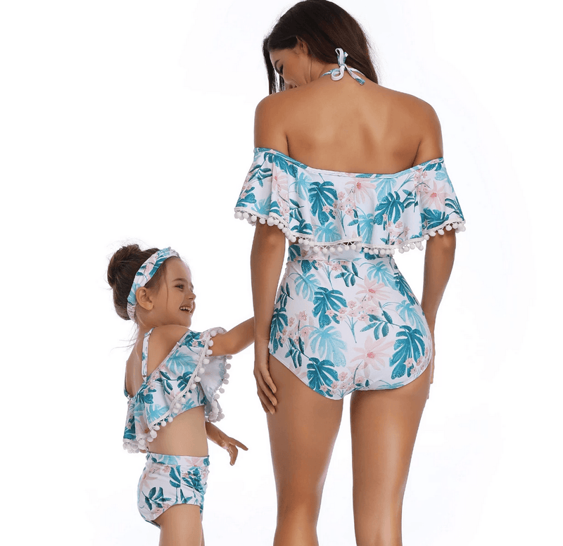 Mother or Daughter Matching Off Shoulder Swimsuit -Blue Fern Printed bikini Iconix 