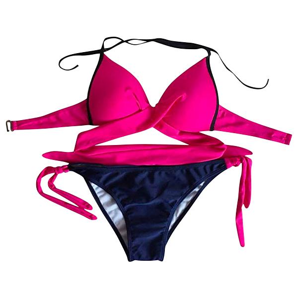 Padded Criss-Cross Bikini Set Swimsuit in Hot Pink