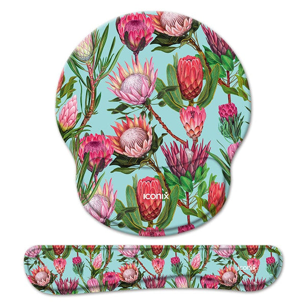 Pink Protea Mouse Pad with Wrist Support and Keyboard Wrist Support Set Mouse Pads Iconix 