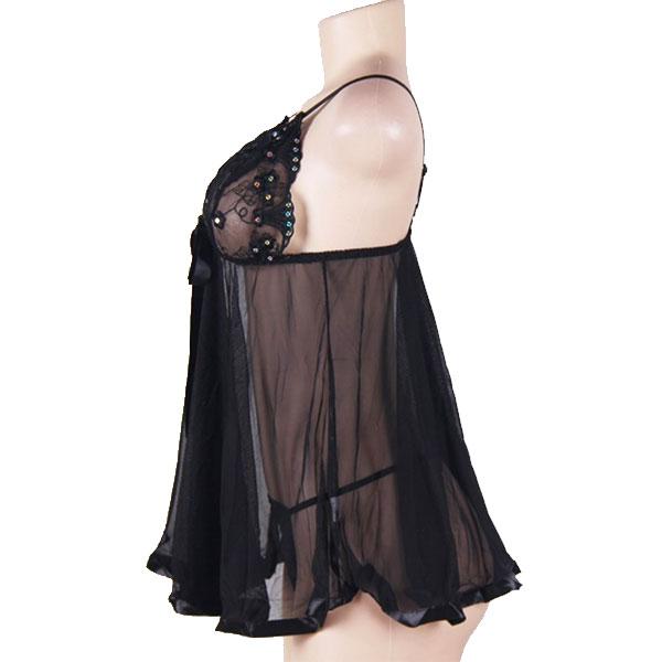 Sexy Sheer Lace Babydoll With G String Lingerie-Medium- Black - E20731 Iconix 